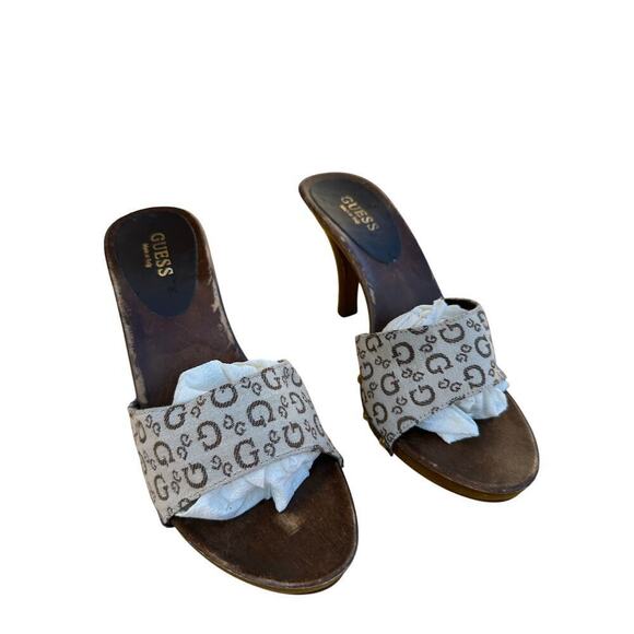 Guess Women's Tan Brown Logo Printed Platforms High Heels Size 7 Y2K 2000s - Picture 1 of 8